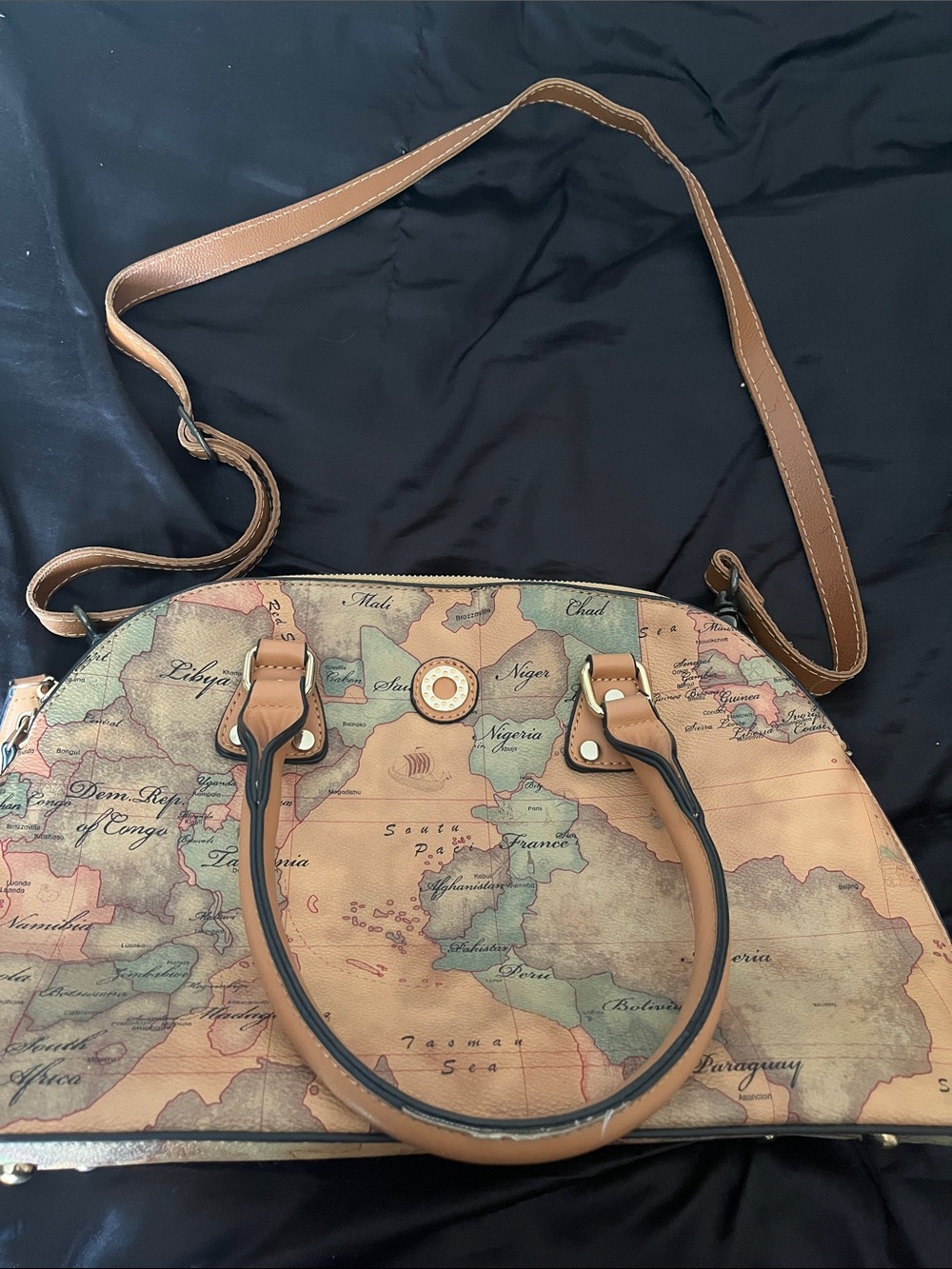 Vintage Map-Print Handbag and Wallet